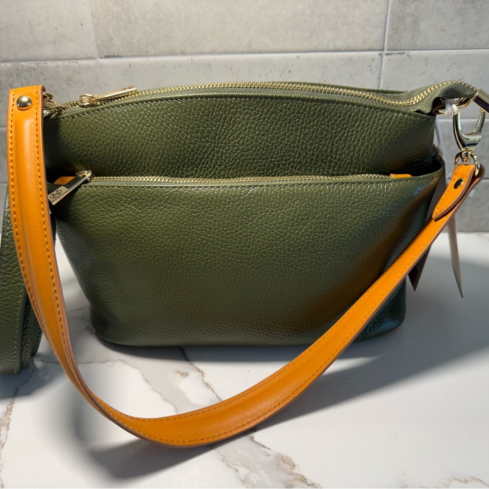 SOLD - Divine Firenze Olive Green Leather Bag w/Orange-Tan Strap + Crsbdy strap